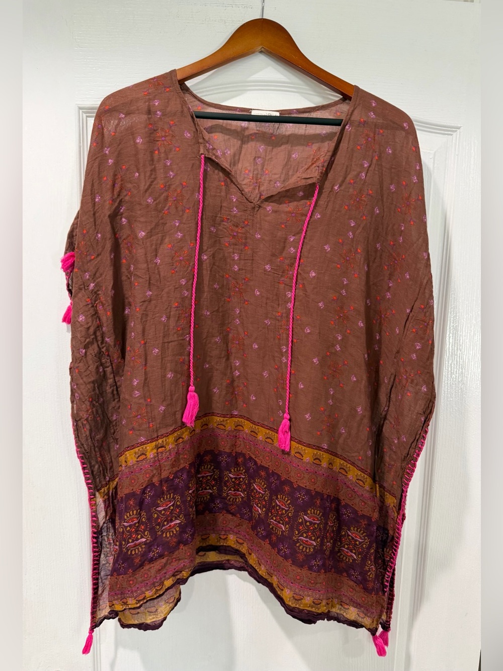 Natural Life Brown Boho Kaftan Tunic with Pink Tassels one size OS